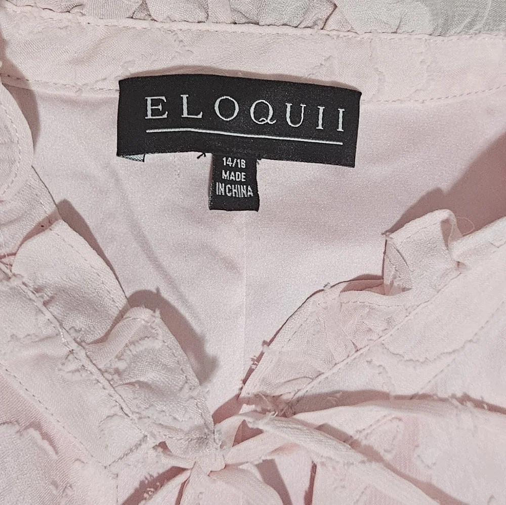 Eloquii Mini Pink Chiffon Tiered Ruffle Dress with Bow Neck Long Sleeve Boho
